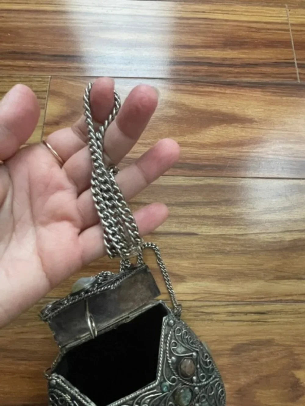 The Vintage Sajai Filigree Metal Purse with Agate Stones is a handcrafted piece